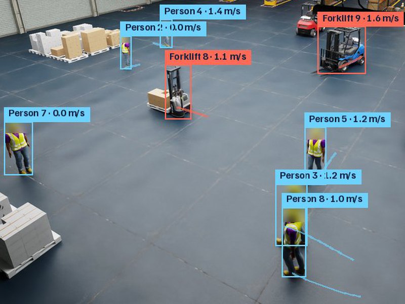 Forklifts and pedestrians in a simulated warehouse, each with its speed and trail